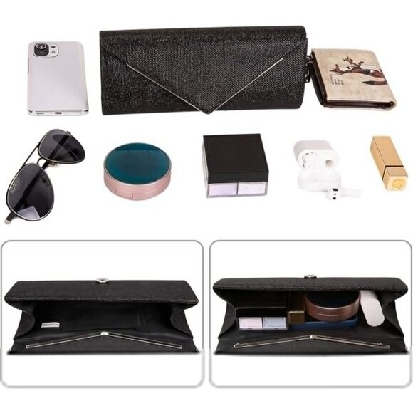 Women Black Larcenciel Sparkel Envelope Clutch Detachable Chain with Evening bag - Picture 4 of 7